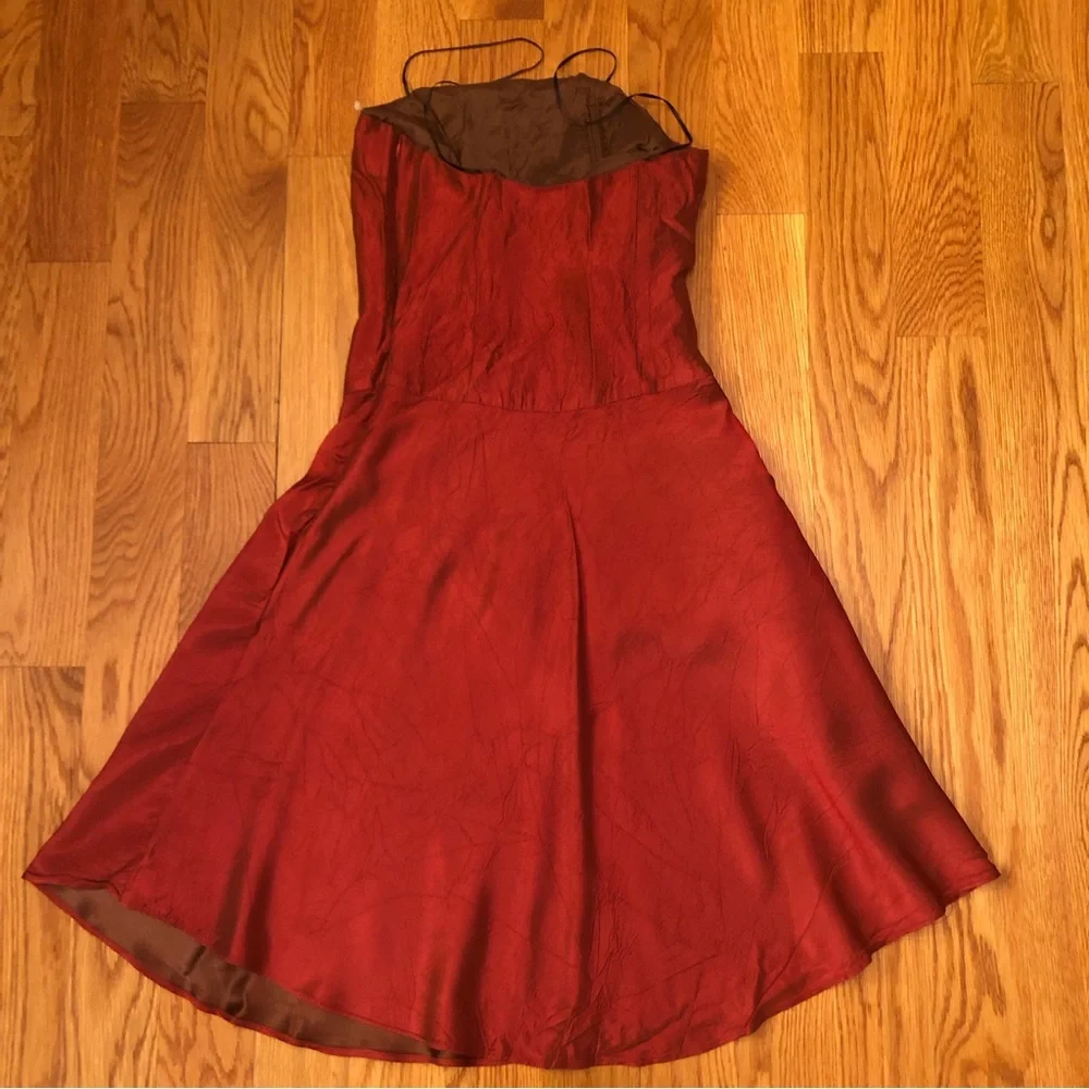 Janique By Kourosh Burgundy Red Sheen Crinkly Wrinkle Strappy Circle Dress 2 XS - Picture 2 of 3